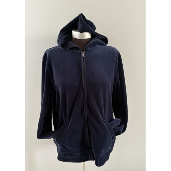 Lauren Ralph Lauren Jacket Womens Large Dark Blue Hooded Velour Velvet Full Zip - Picture 1 of 15